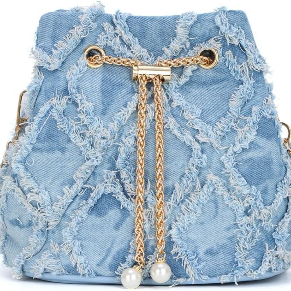 Denim Bucket Bag for Women Trendy Jean Purse Drawstring Crossbody Shoulder Bag H